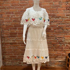 Handmade Mexican Tiered Crocheted and Embroidered Off Shoulder Dress L